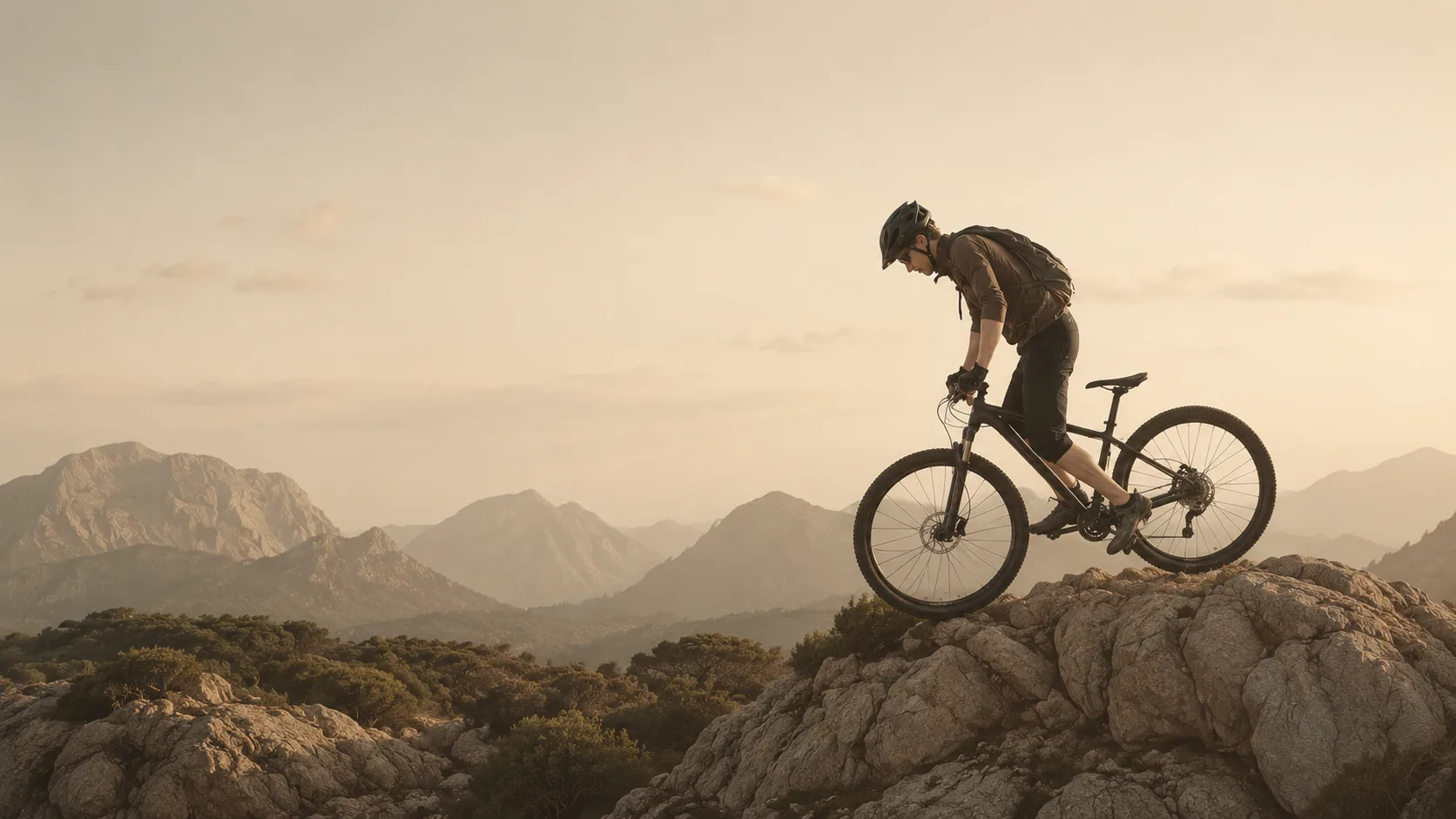 Mountain biker på klippetoppe i bjerglandskab ved solnedgang – aktiv motion i naturen