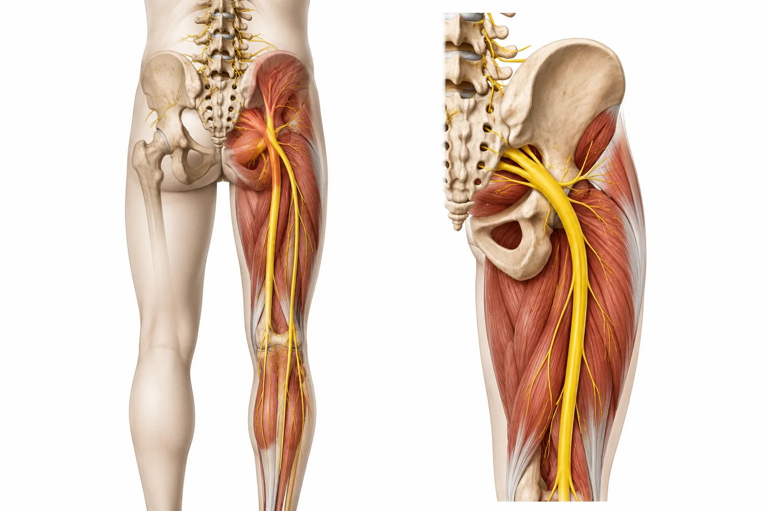 Anatomisk illustration af iskiasnerven fra lænden ned gennem ballen og benet