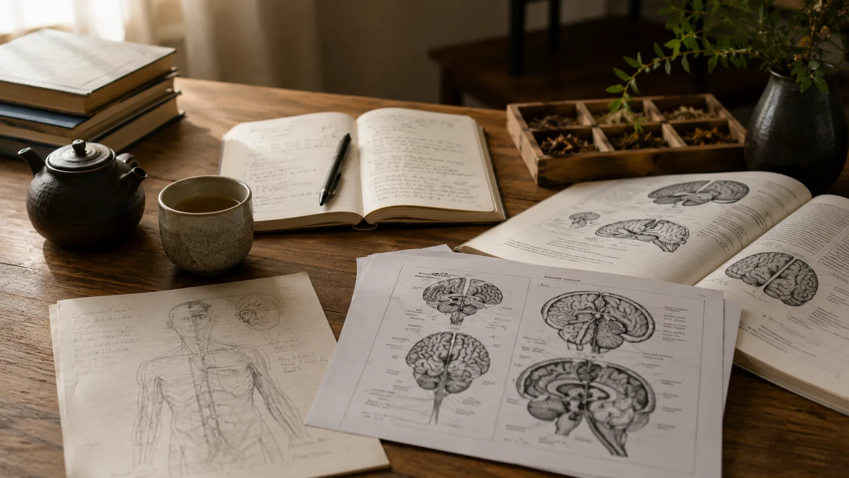 Anatomiske hjerneillustrationer og neurologiske noter på et skrivebord — forskningsmateriale om migræne