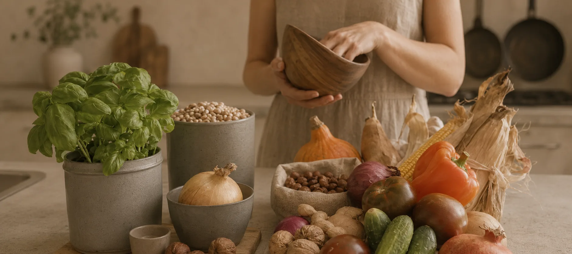 A spread of natural whole foods illustrating the connection between nutrition, social life and wellbeing