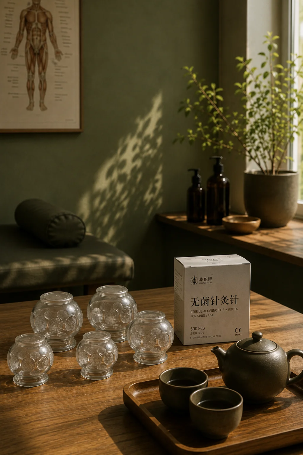 Twin Trees klinik – cupping-glas, te og behandlingsatmosfære