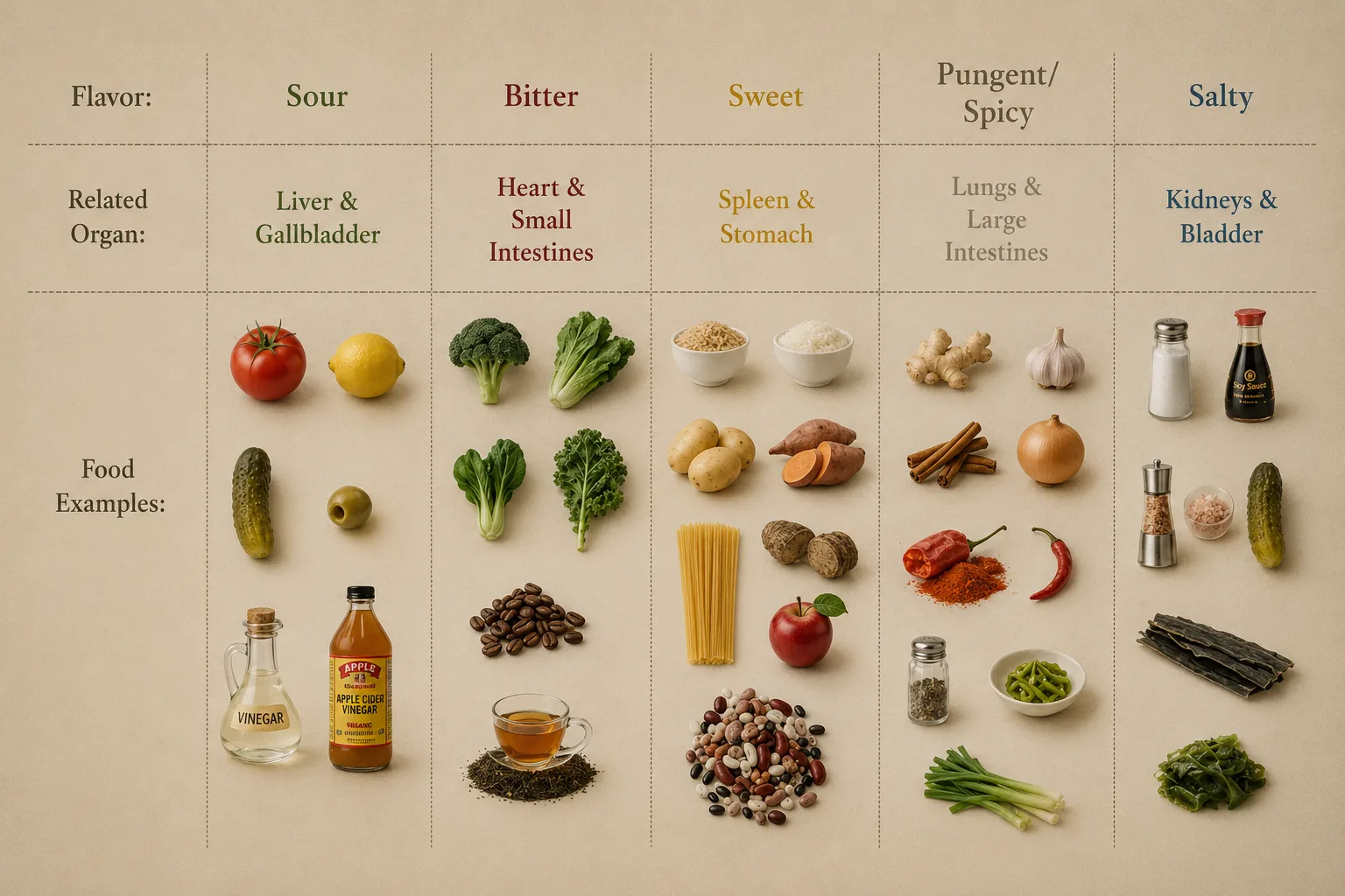 Chart showing the five TCM flavors — sour, bitter, sweet, pungent and salty — with related organs and food examples