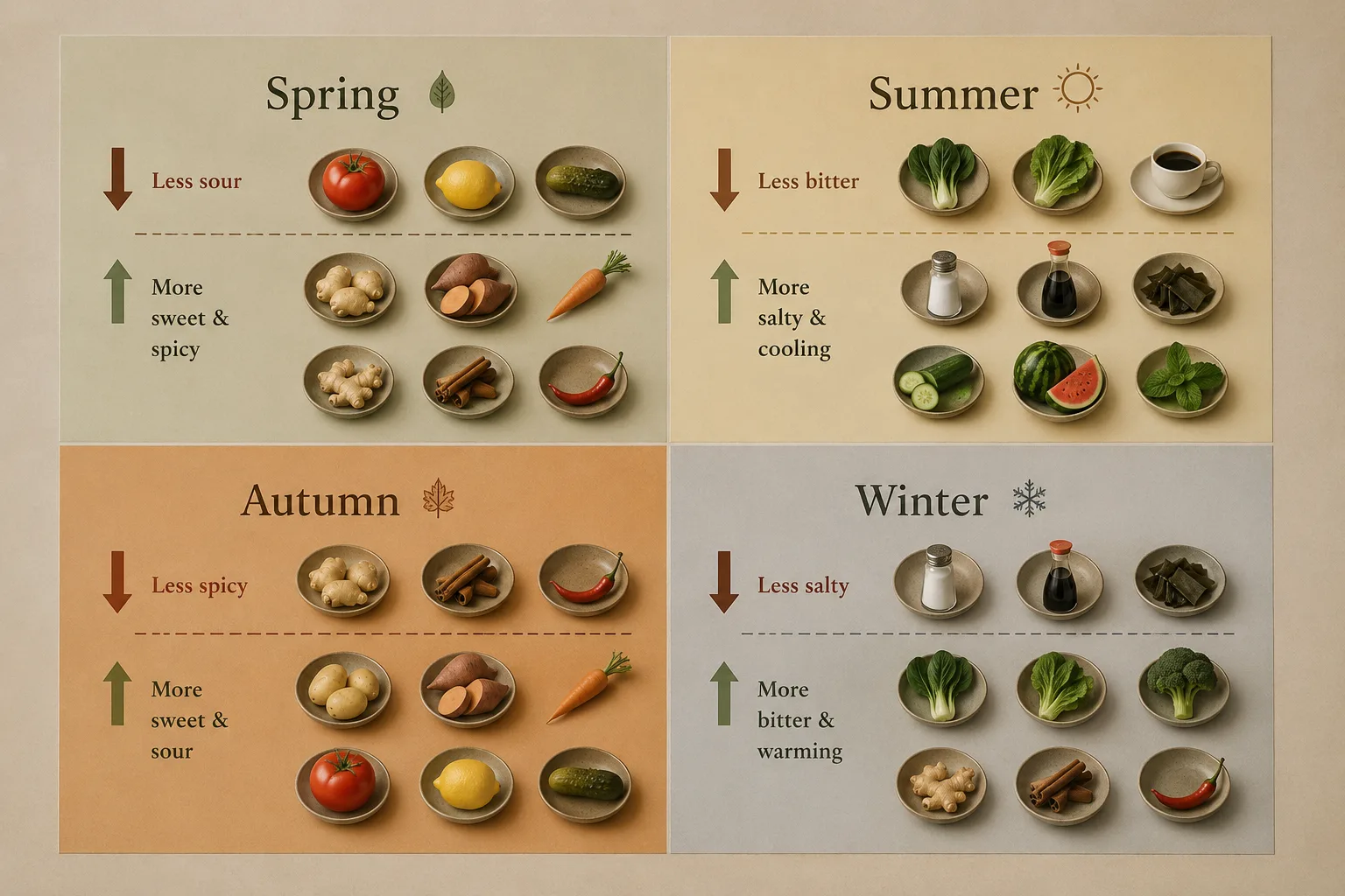 TCM seasonal food guide showing recommended foods and flavors for spring, summer, autumn and winter