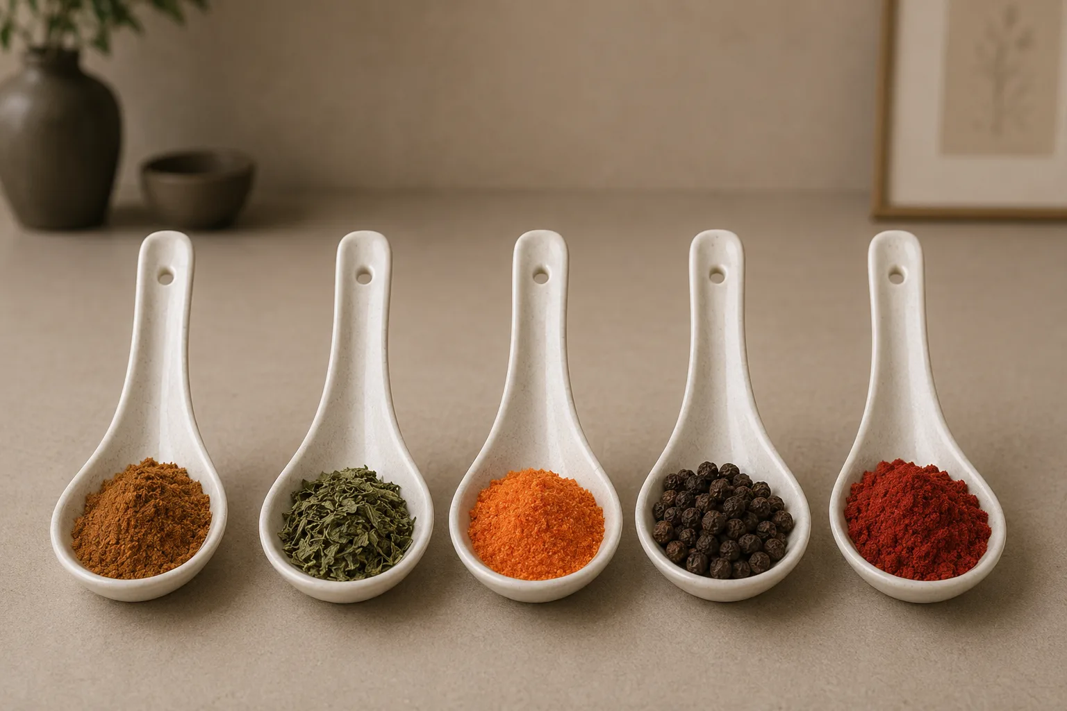 Five white ceramic spoons with different spices representing the five flavors in traditional Chinese medicine