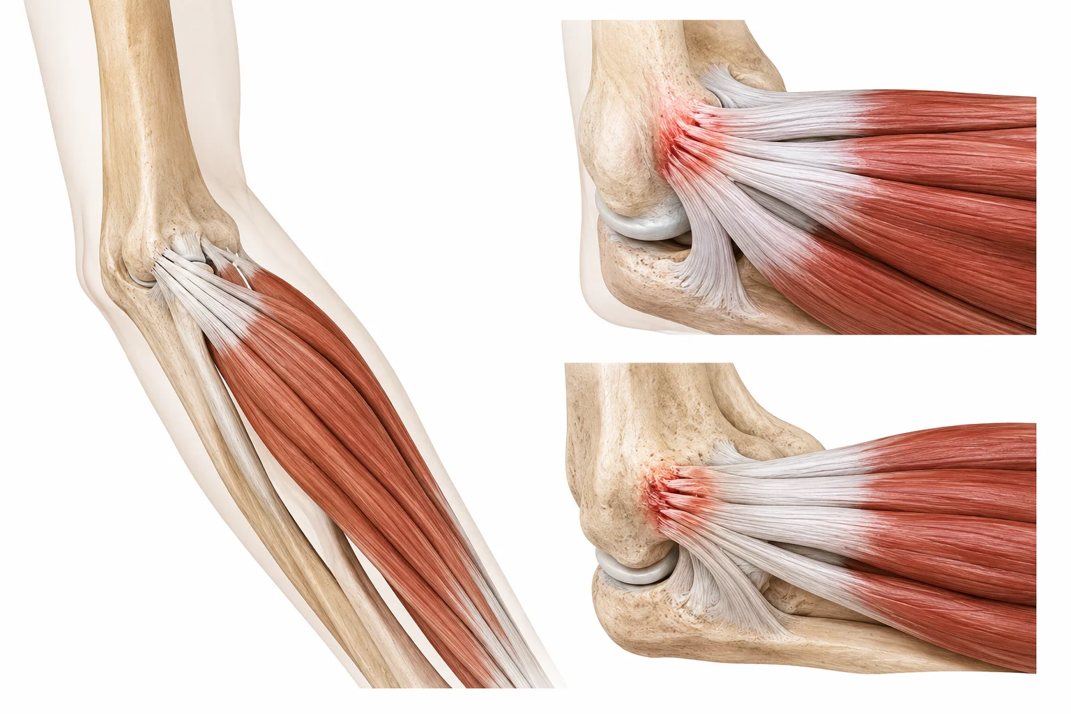 Anatomisk illustration af underarmens strækkesener og senefæstet på ydersiden af albuen