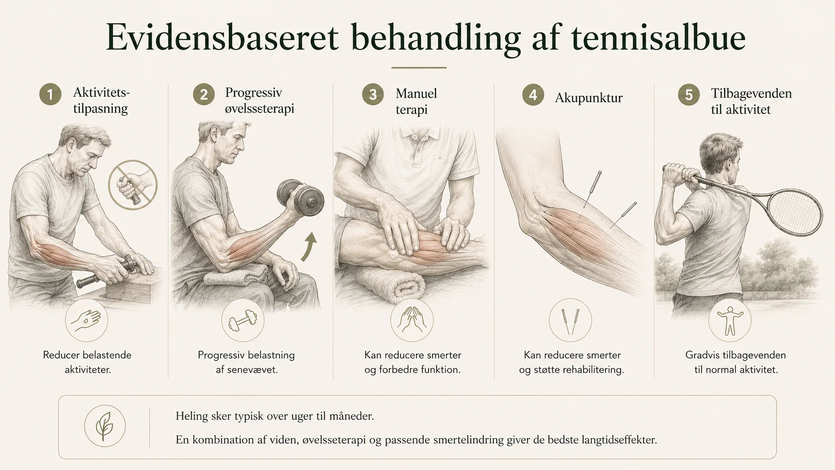Infografik over aktivitetstilpasning, øvelser, manuel behandling, akupunktur og gradvis tilbagevenden ved tennisalbue
