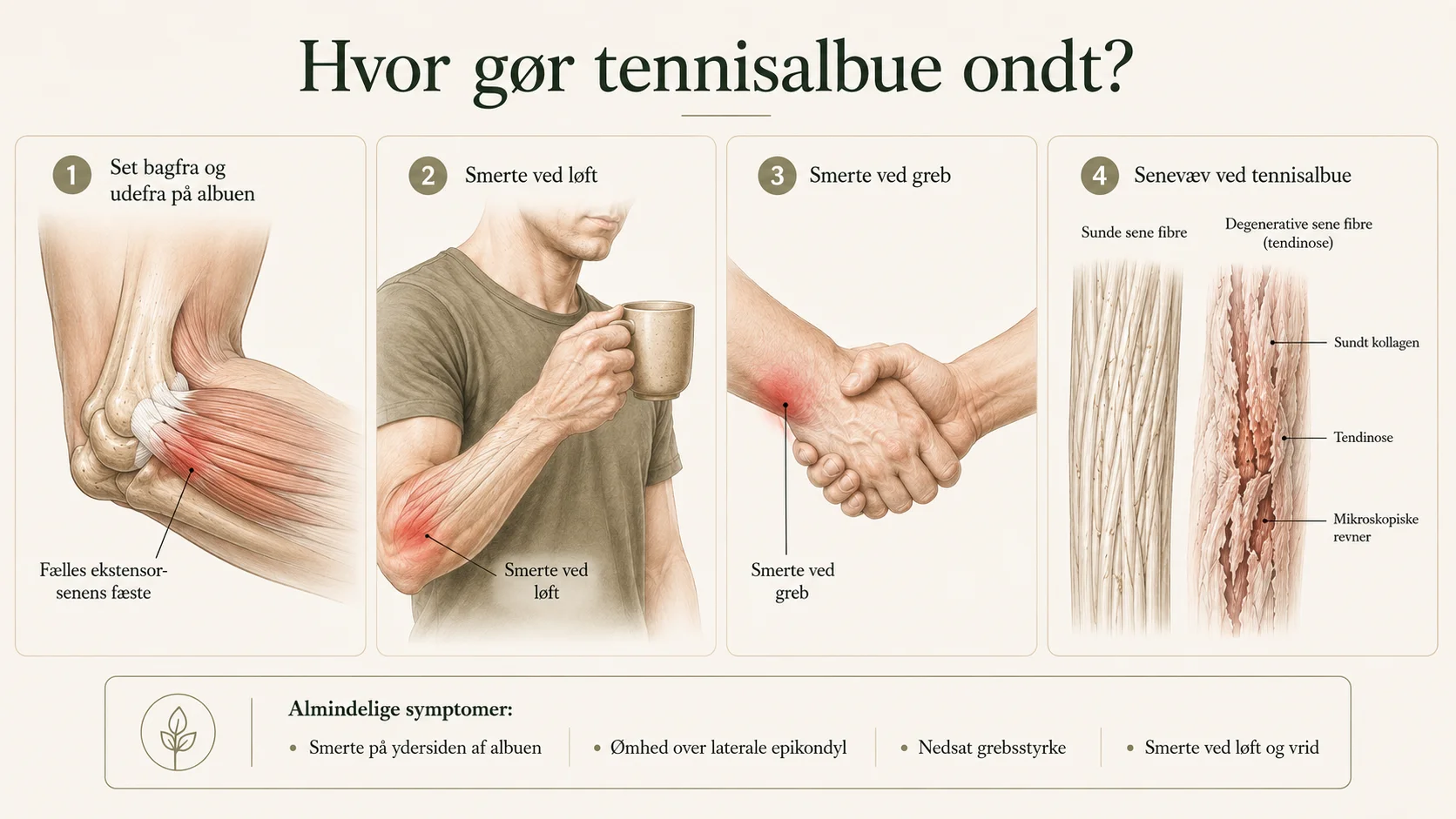 Illustration af smerter ved tennisalbue, senens placering og forandringer i senevævet